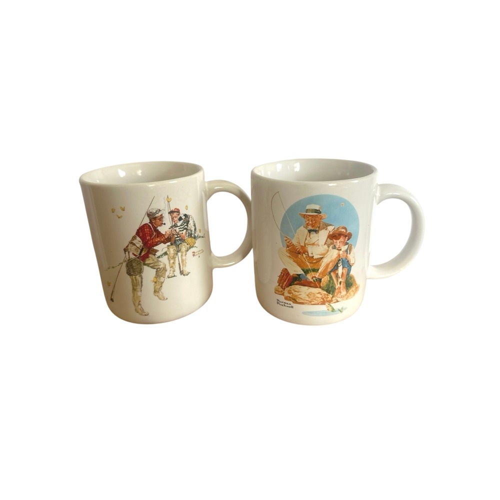 Norman Rockwell Fishing Mugs Trout Dinner &‎ Catching the Big One Set (1987)